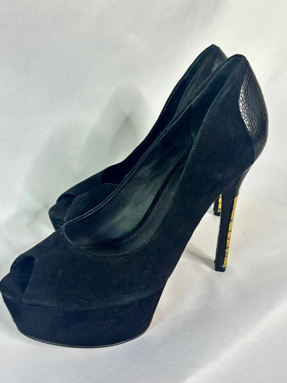Brian Atwood suede‎ platform stiletto heels with black and gold statement detail